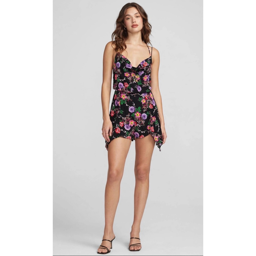 NWT Seek The Label Floral Cowl Neck Handkerchief Hem Romper Black XS